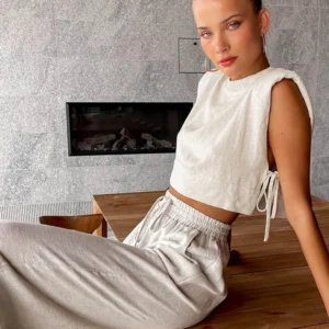 Spring Summer 2023 Women Holiday Linen Pant Set Crop Tops Solid Outfits 2 Two Piece Matching Set For Women - Image 2