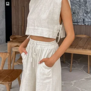 Spring Summer 2023 Women Holiday Linen Pant Set Crop Tops Solid Outfits 2 Two Piece Matching Set For Women - Image 1