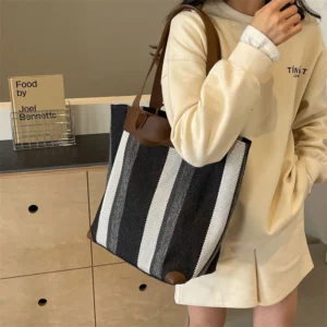 Striped Shoulder Bucket Bags For Women Canvas Fabric Large Capacity Shopping Totes Contrast Color Commute Shopper Handbags 2024 - Image 5