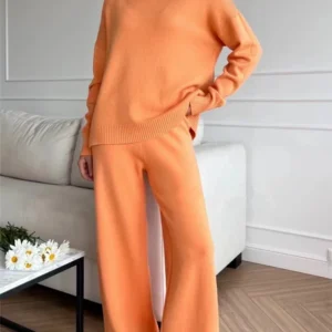 Autumn Winter 2 Pieces Women Sets Knitted Tracksuit Turtleneck Sweater and Straight Jogging Pants Suits - Image 6