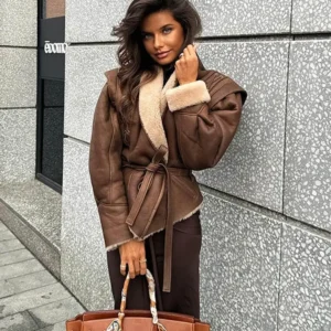 Women Elegant Irregular Hem Plush Lapel Coats Fashion Lace Up Pocket Long Sleeved Jacket 2024 Autumn Winter New Warm Outwear - Image 1