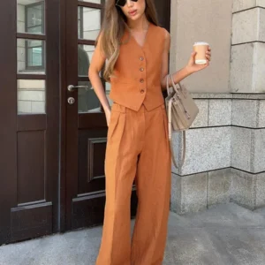 Wolfeel Womem Linen Cotton Chic Vest ＆ Pants Suit Two-Piece Set Office Ladies Summer Chic 2 Piece Sets Womens Outfits - Image 1