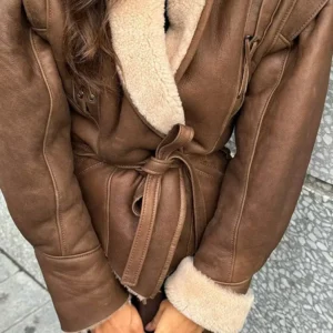 Women Elegant Irregular Hem Plush Lapel Coats Fashion Lace Up Pocket Long Sleeved Jacket 2024 Autumn Winter New Warm Outwear - Image 5