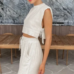 Spring Summer 2023 Women Holiday Linen Pant Set Crop Tops Solid Outfits 2 Two Piece Matching Set For Women - Image 3