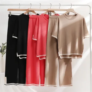 2 Piece Pajama Sets Women Loungewear Knit Summer Two Piece Set Women Casual Slit Short Sleeve Knitted Two Piece Sets Women 2024 - Image 2