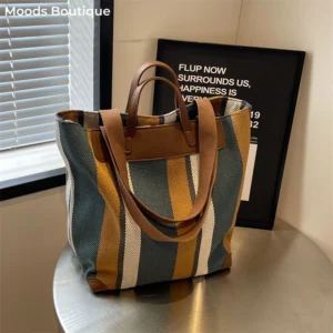 Striped Shoulder Bucket Bags For Women Canvas Fabric Large Capacity Shopping Totes Contrast Color Commute Shopper Handbags 2024 - Image 1