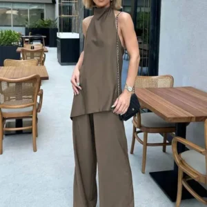 2024 New Fashion Female Long Pant Sets Backless Sexy Halter Camis Top + Elastic Waist Woman Straight Wide Leg Trousers - Image 2