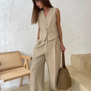 Bronladies Womem Linen Cotton Chic Vest ＆ Pants Suit Two-Piece Set Office Ladies Summer Chic 2 Piece Sets Womens Outfits - Image 5