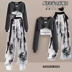 Spring and Autumn Set Women's Korean Design Long Sleeved Top+Tank Top+Ink Wide Legged Pants Three Piece Set Trendy - Image 3