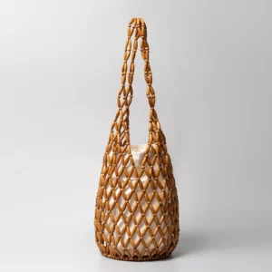 Women Woven hand bag summer design hollow-out wooden bead tote bucket shoulder bag female Reticulate netted canvas beach handbag - Image 1