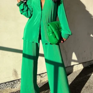 QFAF Fashion Pleated Women's Set Long Sleeve Oversized Shirt and Wide Leg Pants 2023 Elegant Tracksuit Two 2 Piece Set Outfits - Image 1