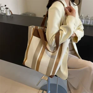 Striped Shoulder Bucket Bags For Women Canvas Fabric Large Capacity Shopping Totes Contrast Color Commute Shopper Handbags 2024 - Image 4