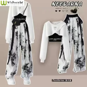 Spring and Autumn Set Women's Korean Design Long Sleeved Top+Tank Top+Ink Wide Legged Pants Three Piece Set Trendy - Image 1