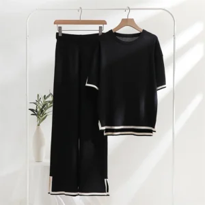 2 Piece Pajama Sets Women Loungewear Knit Summer Two Piece Set Women Casual Slit Short Sleeve Knitted Two Piece Sets Women 2024 - Image 5