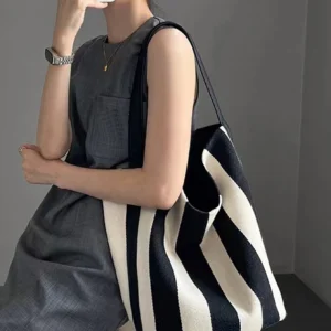 2024 New Stripe Wide Shoulder Canvas Single Shoulder Bucket Bag for Women Large Capacity Casual and Simple Commuting Tote Bag - Image 5