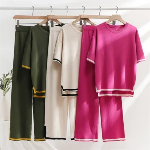 2 Piece Pajama Sets Women Loungewear Knit Summer Two Piece Set Women Casual Slit Short Sleeve Knitted Two Piece Sets Women 2024 - Image 1