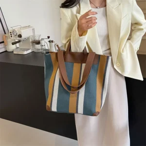 Striped Shoulder Bucket Bags For Women Canvas Fabric Large Capacity Shopping Totes Contrast Color Commute Shopper Handbags 2024 - Image 3