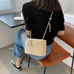 Mini Straw Bucket Crossbody bag For Women 2021 Summer Weave Women's Brand Handbags And Purses Fashion Chain Simple Shoulder Bags - Image 3