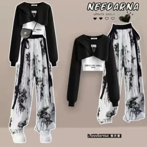 Spring and Autumn Set Women's Korean Design Long Sleeved Top+Tank Top+Ink Wide Legged Pants Three Piece Set Trendy - Image 2