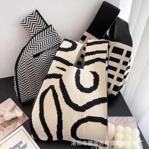 Women'S Knot Wrist Bag Tote Handmade Knitted Bag Portable Mini Striped Bucket Phone Bags Large Capacity Autumn Winter Handbags - Image 1