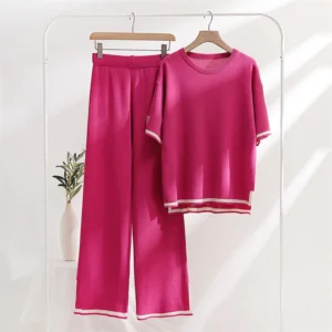 2 Piece Pajama Sets Women Loungewear Knit Summer Two Piece Set Women Casual Slit Short Sleeve Knitted Two Piece Sets Women 2024 - Image 6