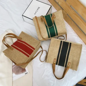 Simple Canvas Stripe Decor Bucket Handbags Women Top Handle Tote Bag Large Capacity Casual Shoulder Crossbody Bags - Image 2