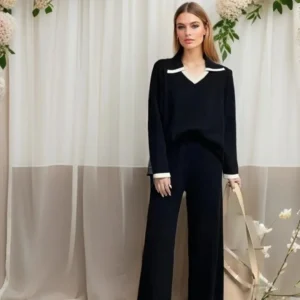 Elegant O-neck Side Slit Pullover Long Sleeve Sweater+wide Leg Pants 2 Piece Sets Womens Autumn Solid Color Casual Sweatshirts - Image 6