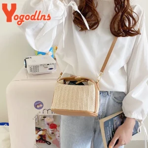 Yogodlns Summer Small Straw Handbag Trendy Shoulder Bag Woven Bucket Crossbody Bag Casual Seaside Beach Bag Gilrs Handle Tote - Image 5