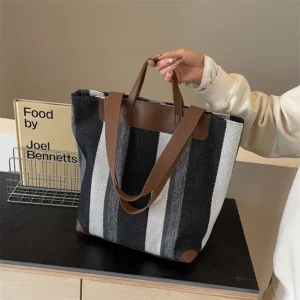 Striped Shoulder Bucket Bags For Women Canvas Fabric Large Capacity Shopping Totes Contrast Color Commute Shopper Handbags 2024 - Image 6