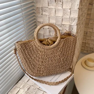 Straw Woven Handbags For Women Handmade Travel Seaside Beach Bag Summer New Handle Bucket Bag Shopping Tote Bag Basket Bolsa - Image 1