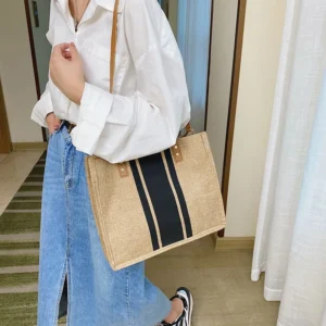 Simple Canvas Stripe Decor Bucket Handbags Women Top Handle Tote Bag Large Capacity Casual Shoulder Crossbody Bags - Image 3