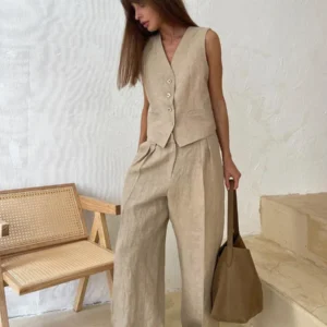 Wolfeel Womem Linen Cotton Chic Vest ＆ Pants Suit Two-Piece Set Office Ladies Summer Chic 2 Piece Sets Womens Outfits - Image 5