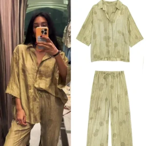 New Linen Tie-dye Print Long Pants Sets For Women Lapel Half Sleeve Single Breasted Shirts Drawstring Wide Leg Pant 2 Pieces Set - Image 1