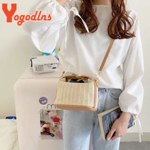 Yogodlns Summer Small Straw Handbag Trendy Shoulder Bag Woven Bucket Crossbody Bag Casual Seaside Beach Bag Gilrs Handle Tote - Image 4