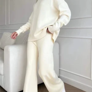 Autumn Winter 2 Pieces Women Sets Knitted Tracksuit Turtleneck Sweater and Straight Jogging Pants Suits - Image 1