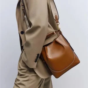 2024 New ZA Women's Bag Brown Pleated Bundle Mouth Carrying Bucket Bag Wide Shoulder Strap Crossbody Bag Bag Women All Match - Image 3