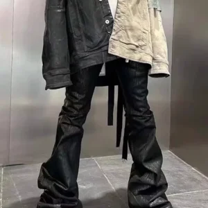 بنطلون جينز مستقيم من الجلد بالشمع الأسود من Streetwear للرجال Ropa Hombre فضفاض Y2k مضيئة بنطلون جينز مستقيم كبير الحجم - Image 1