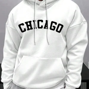 ستريت رسالة شيكاغو الطباعة هوديس للرجال جيب الرباط البلوفرات الحرارية الصوف لينة بلوزات الخريف ملابس كاجوال - Image 1